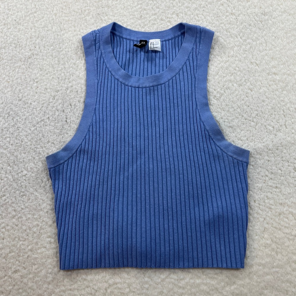 H&M Divided Tank Top Womens Medium Blue Ribbed Knit Racerback Cropped Stretch